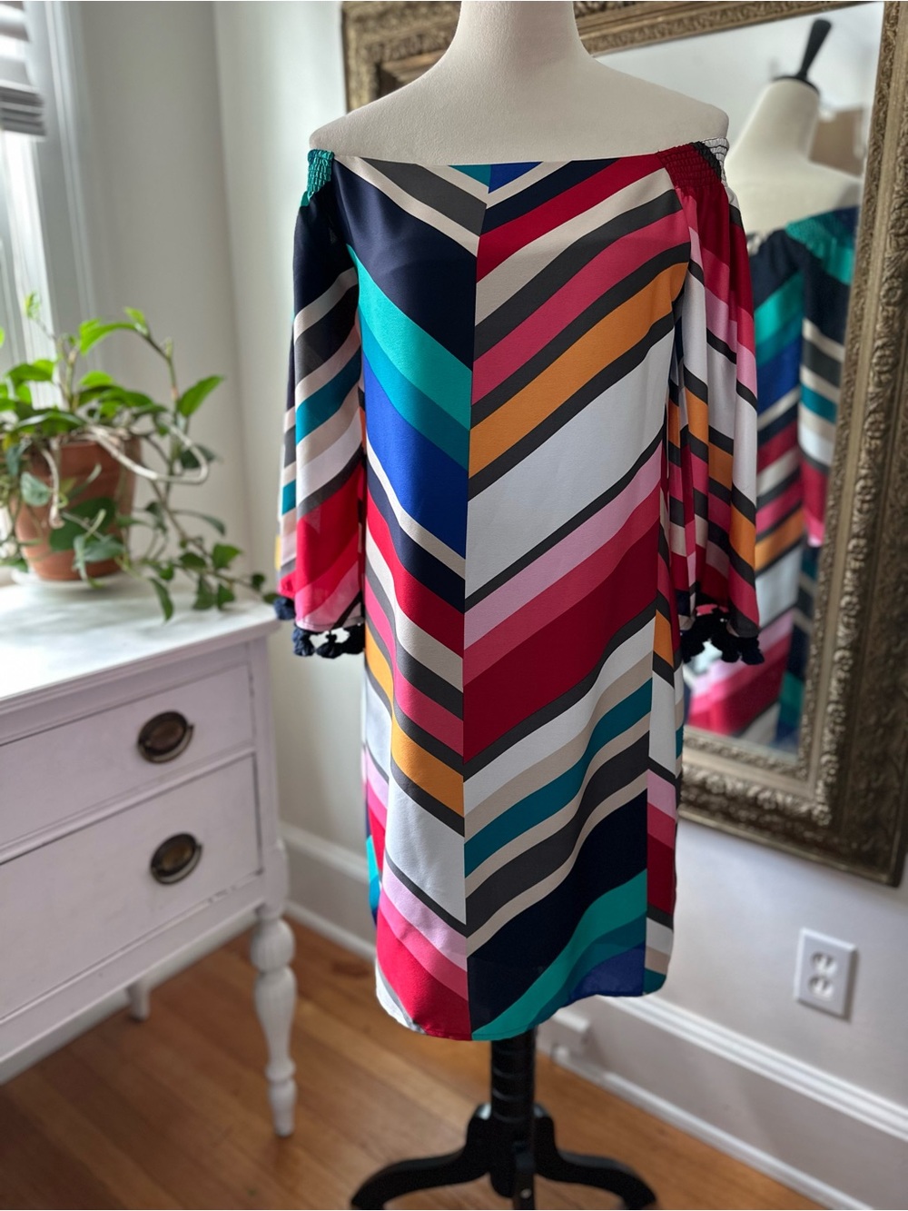 Trina Turk NWT colorful geometric off shoulder dress M short fringe artsy boho